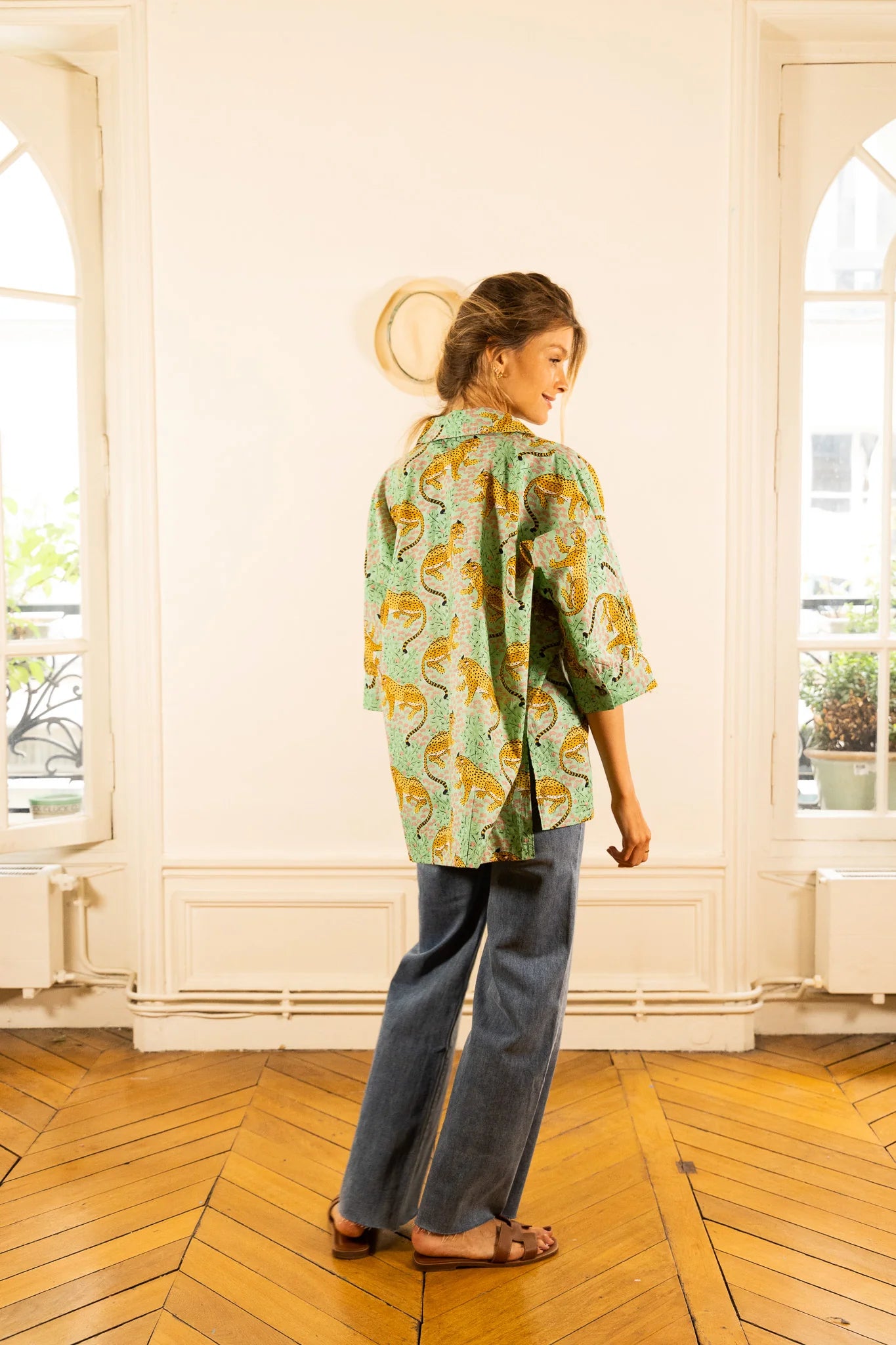 Blusa oversize leopardi verde in cotone